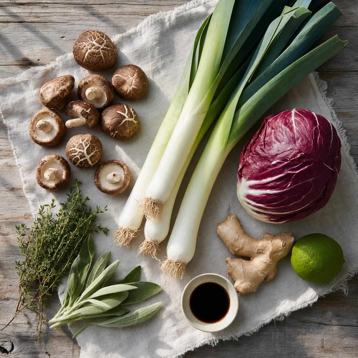 Ingrediënten voor Geroosterde prei met krokante shiitake en radicchio (AI-gegenereerde afbeelding)
