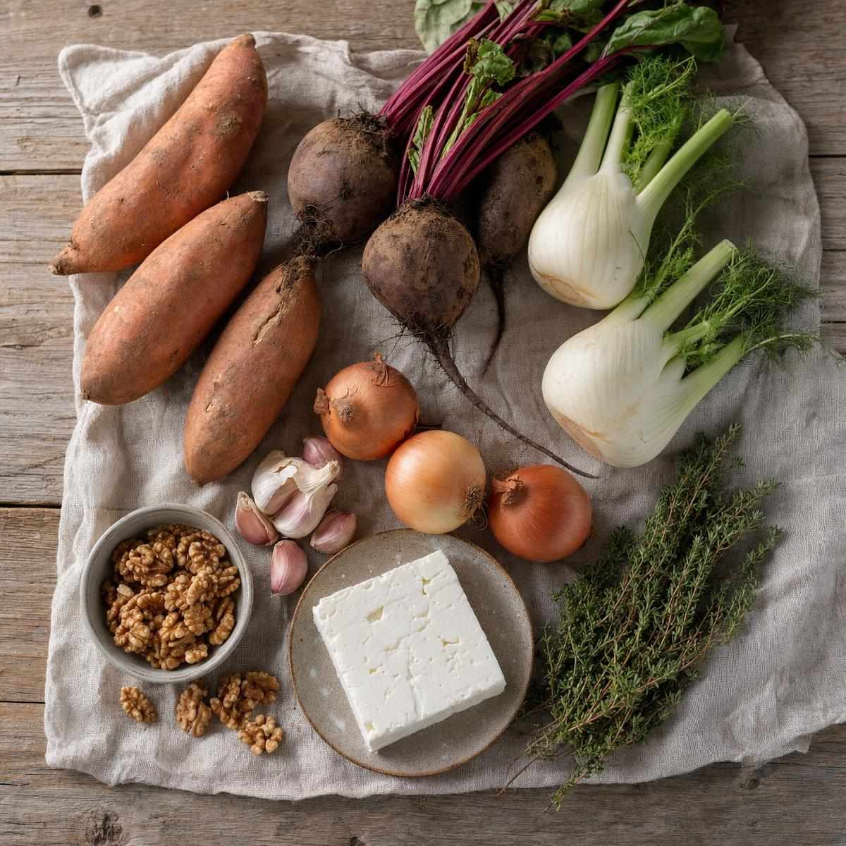 Ingredi&euml;nten voor zoete aardappel ovenschotel met bieten en knolvenkel (AI-gegenereerde afbeelding)