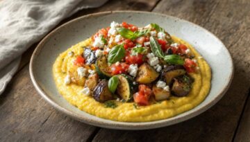 Geroosterde aubergine en courgette met maiscrème en tomatensalsa