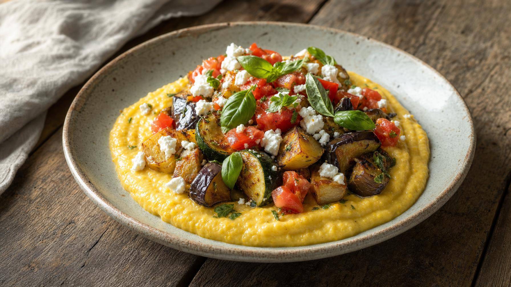 Geroosterde aubergine en courgette met maiscrème en tomatensalsa
