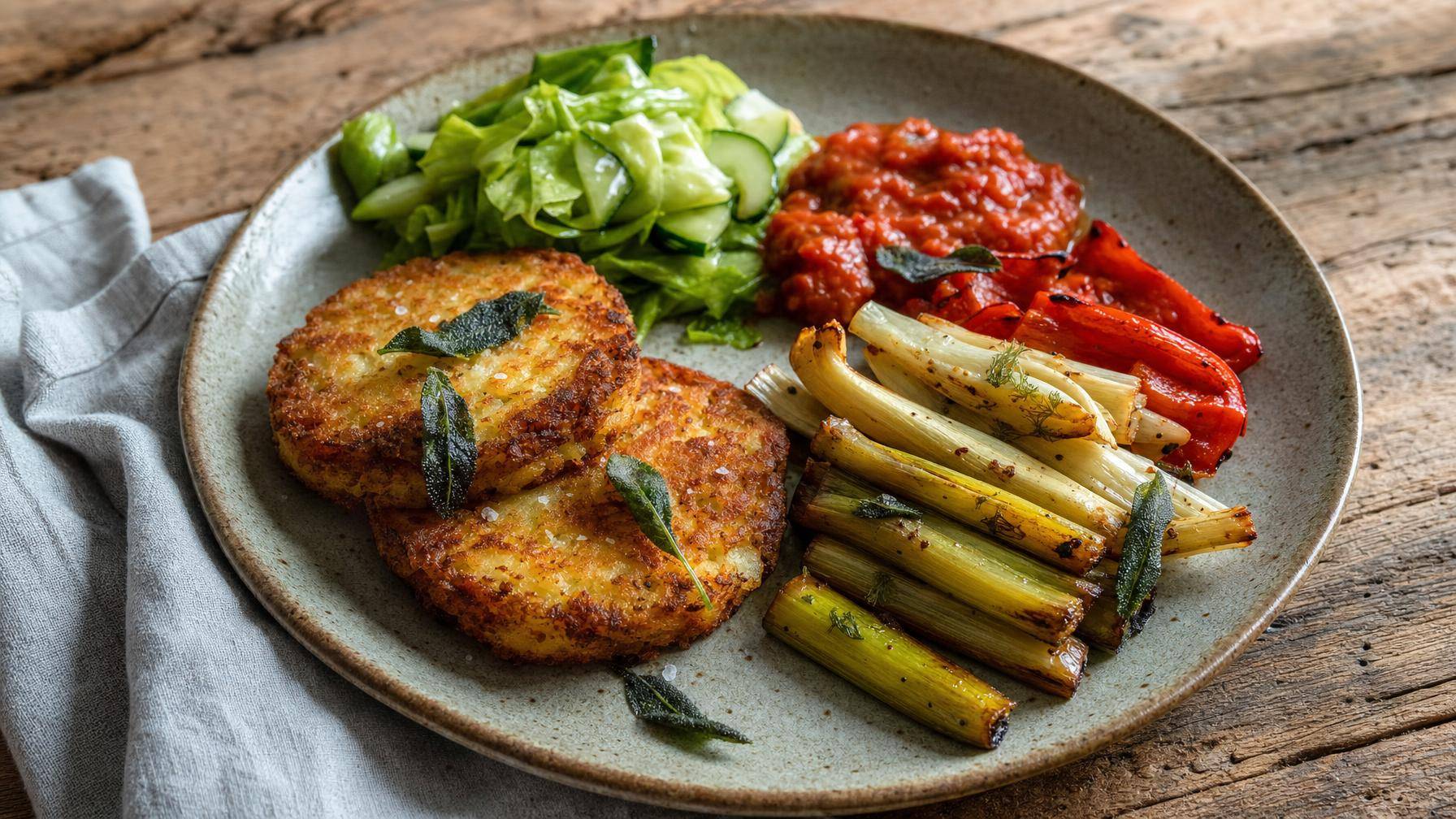 Aardappelkoekjes met gekaramelliseerde prei, knolvenkel en salie (AI-gegenereerde afbeelding)