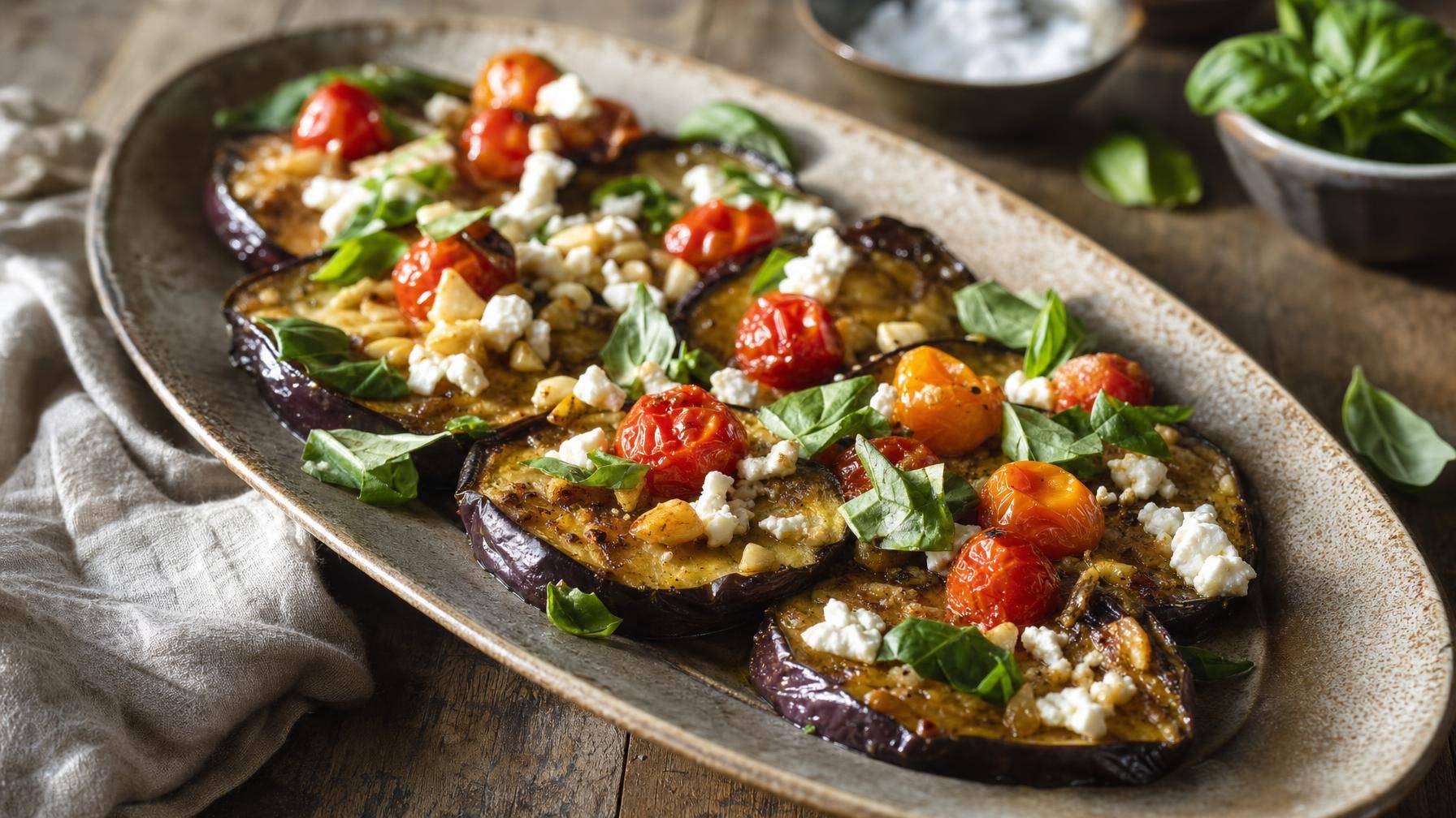 Geroosterde aubergine met feta, knoflook en tomaat (AI-gegenereerde afbeelding)