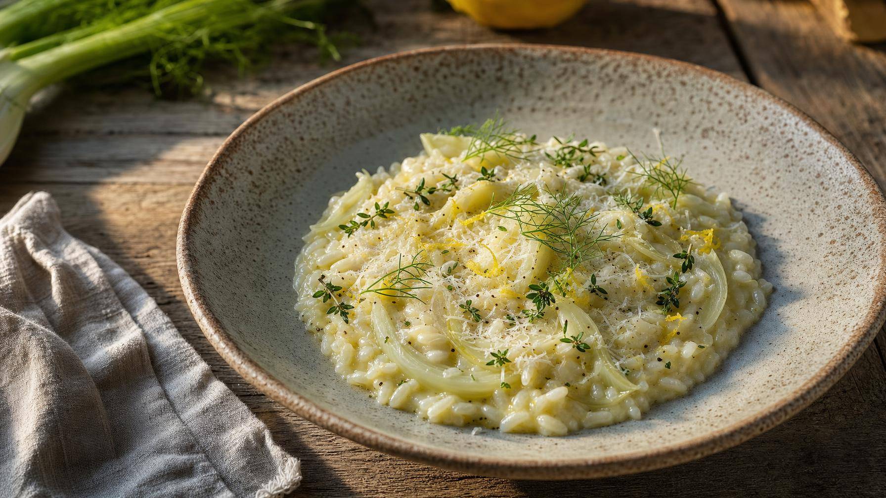 Romige venkelrisotto met citroen en tijm (AI-gegenereerde afbeelding)