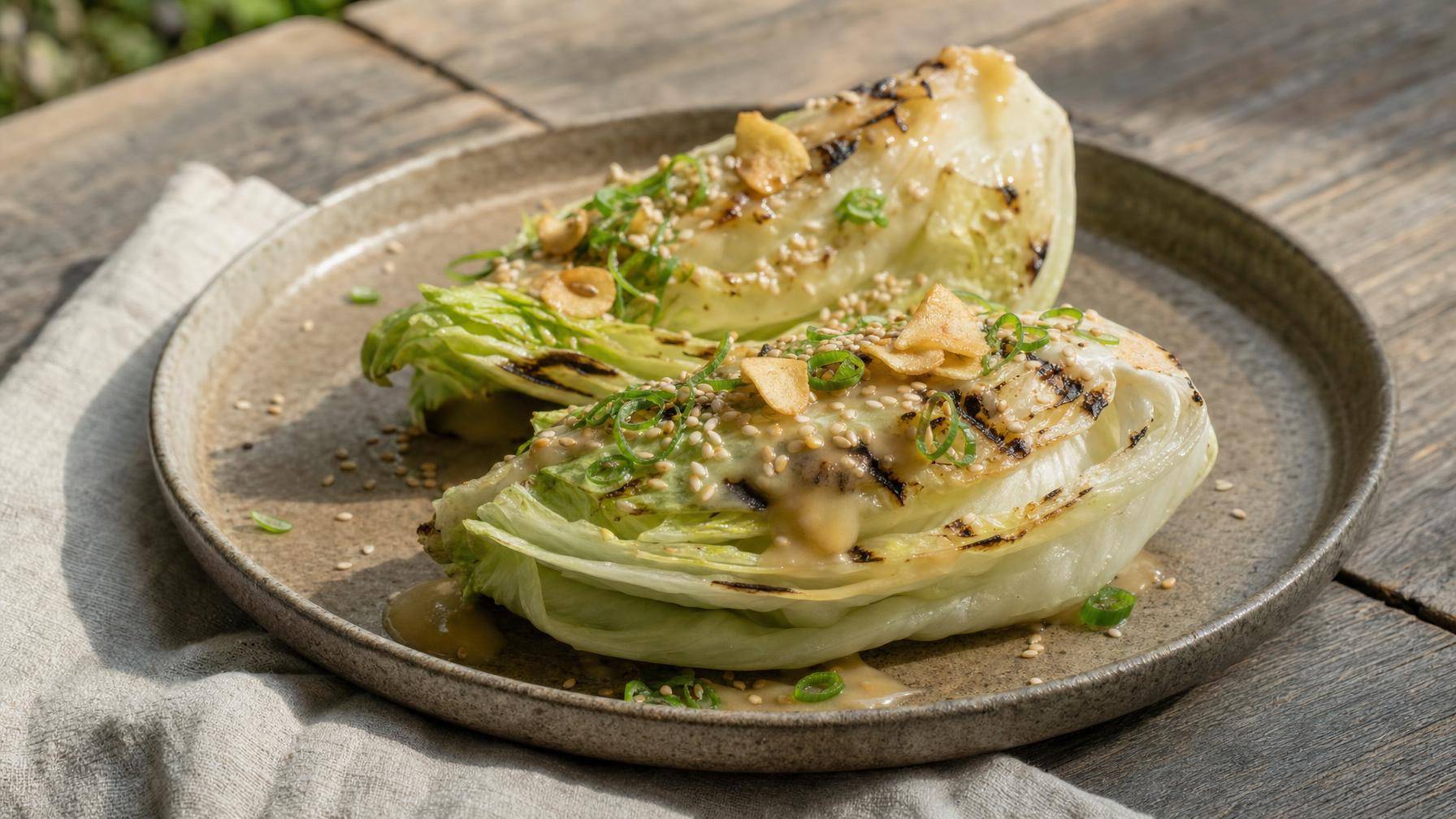 Gegrilde ijsbergsla met misodressing en knapperige knoflook (AI-gegenereerde afbeelding)