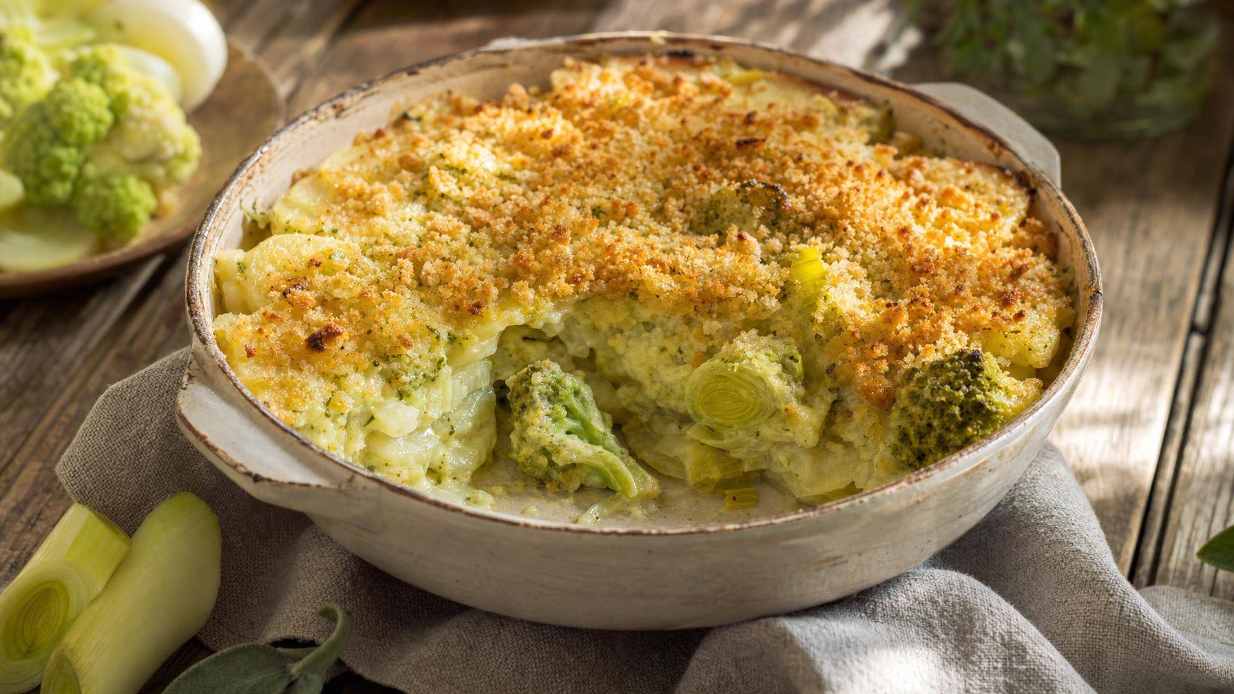 Groene bloemkool ovenschotel met prei, aardappel en pesto-kaassaus (AI-gegenereerde afbeelding)