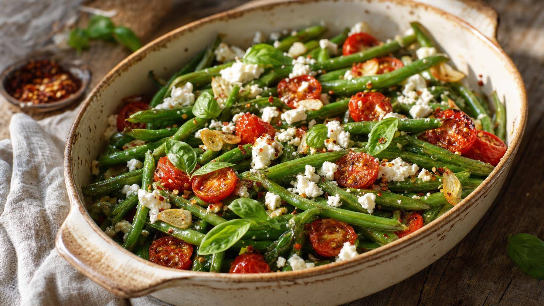 Sperziebonen met feta en tomaat uit de oven (AI-gegenereerde afbeelding)