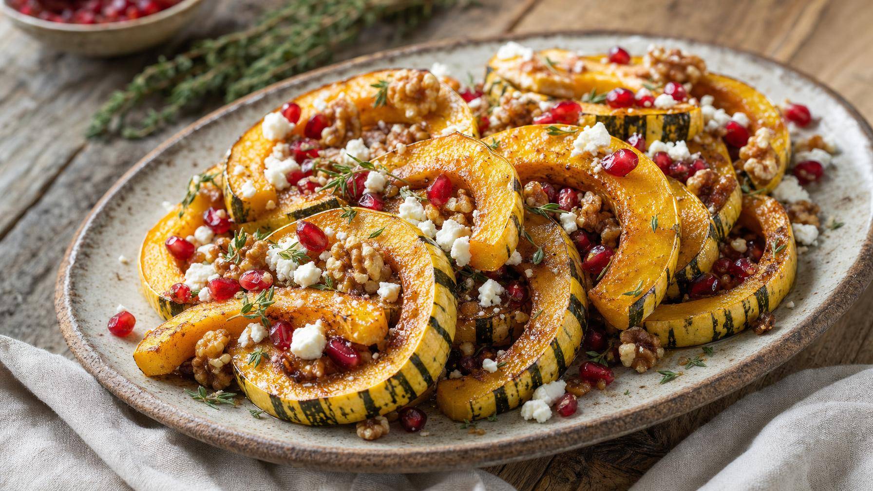 Geroosterde delicata pompoen met honing, tijm en feta (AI-gegenereerde afbeelding)