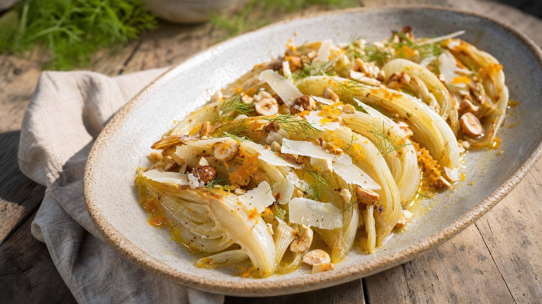 Geroosterde knolvenkel met sinaasappel en Parmezaan (AI-gegenereerde afbeelding)