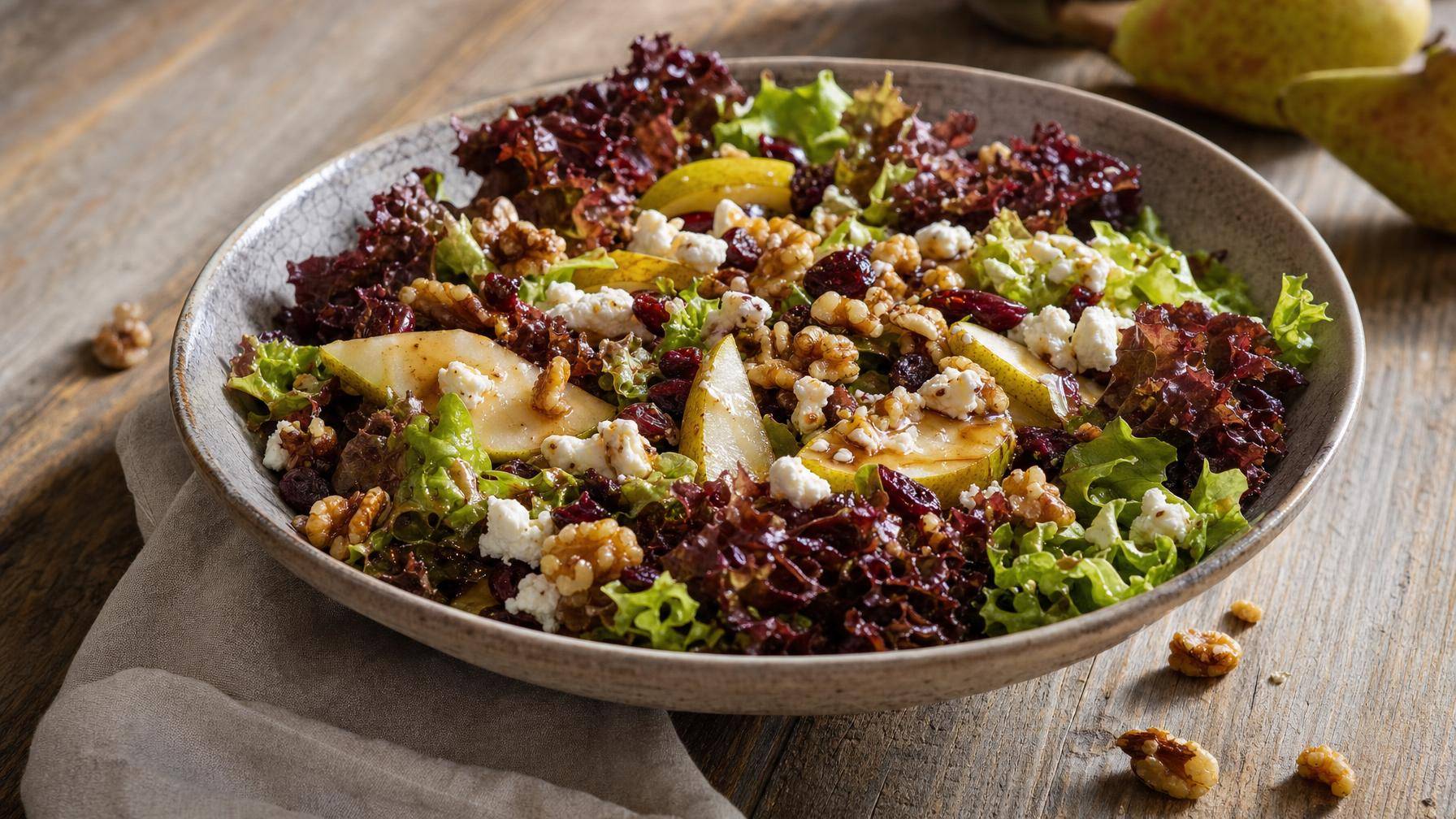Lollo Rosso salade met peer, walnoten en geitenkaas (AI-gegenereerde afbeelding)