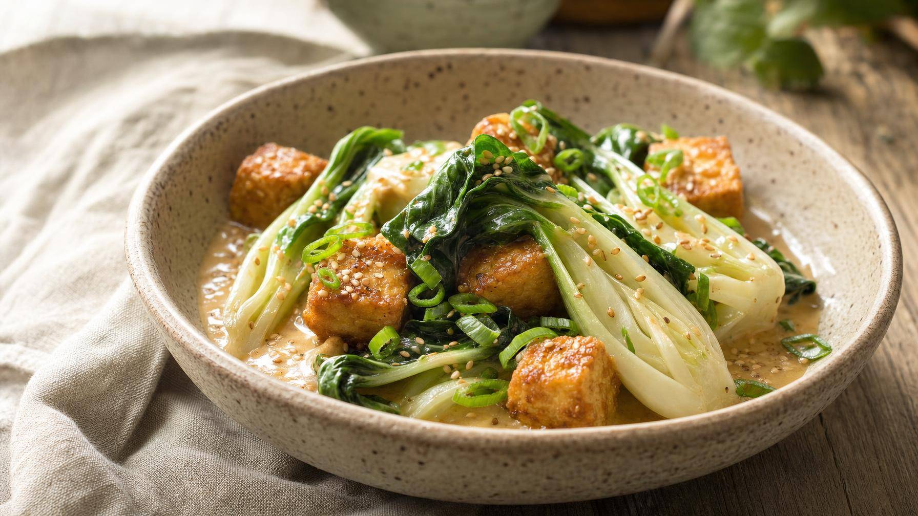 Paksoi met miso-sesamsaus en krokante tofu (AI-gegenereerde afbeelding)