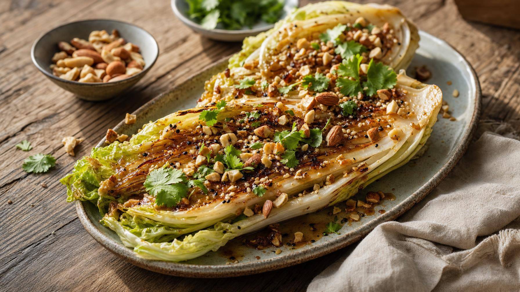 Gegrilde Chinese kool met miso-honing dressing en geroosterde noten (AI-gegenereerde afbeelding)