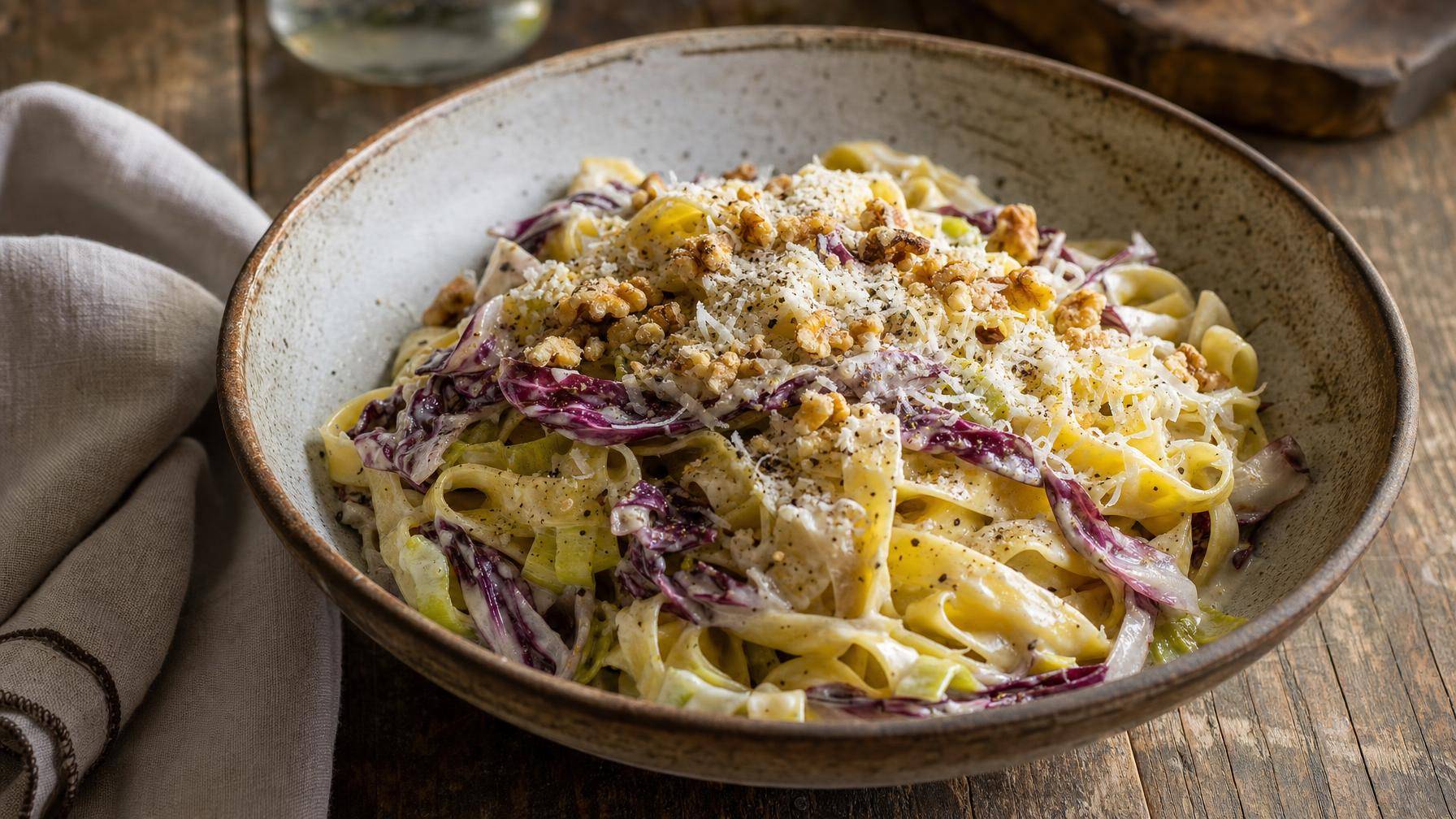 Pasta met prei, radicchio en walnoten (AI-gegenereerde afbeelding)