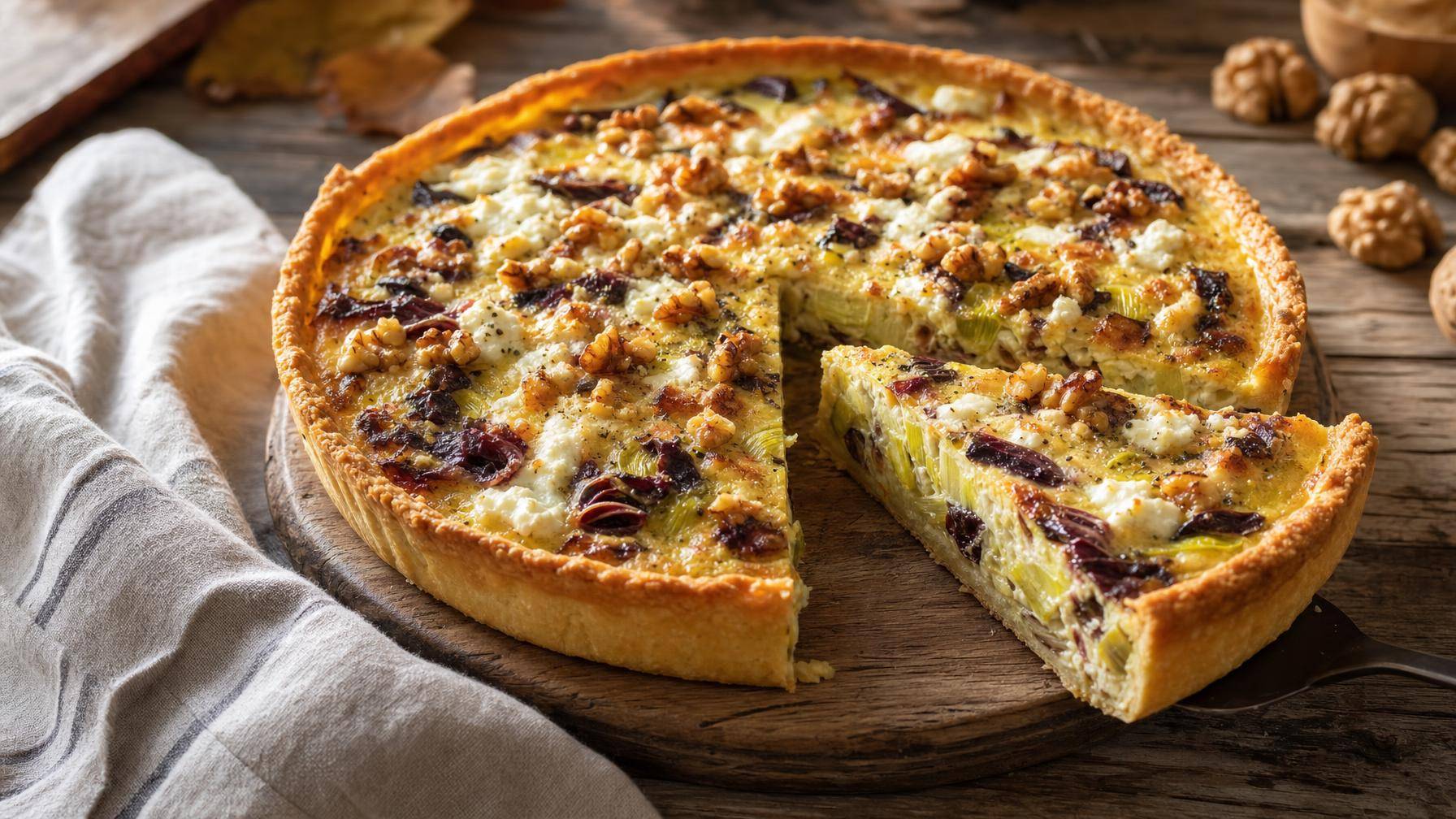 Quiche met prei, radicchio en geitenkaas (AI-gegenereerde afbeelding)