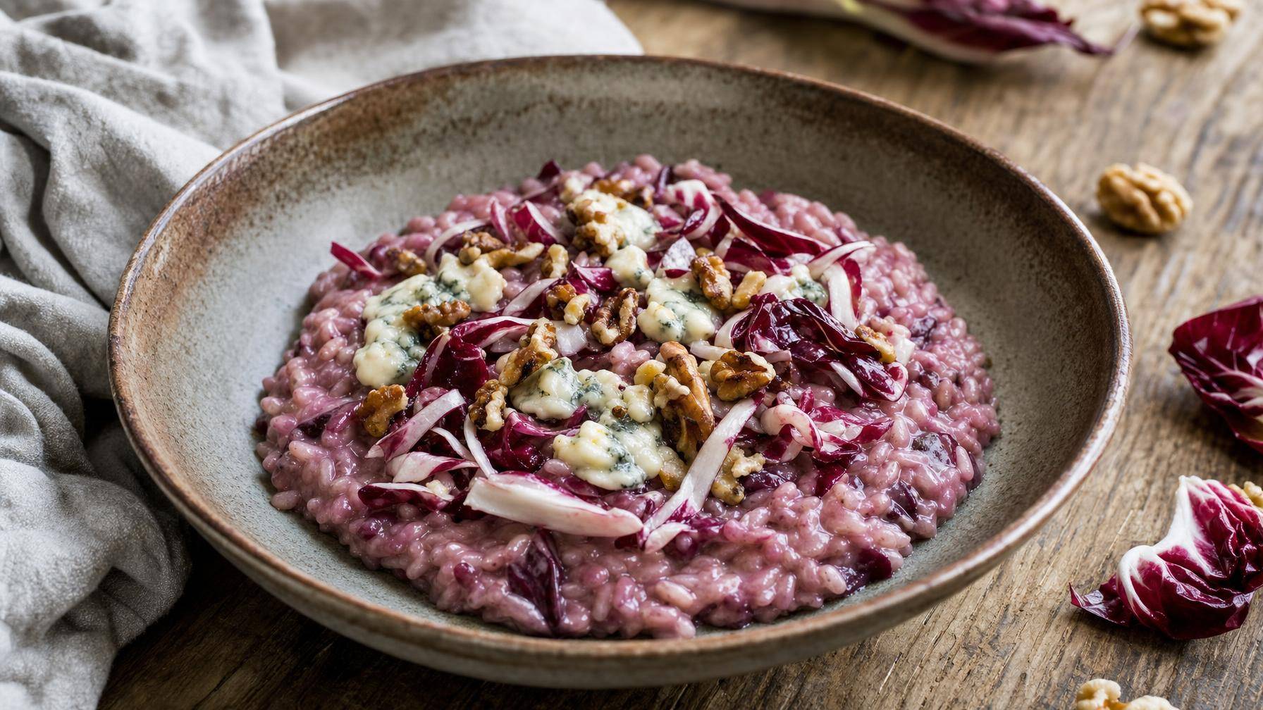 Risotto met radicchio, rode wijn en gorgonzola (AI-gegenereerde afbeelding)