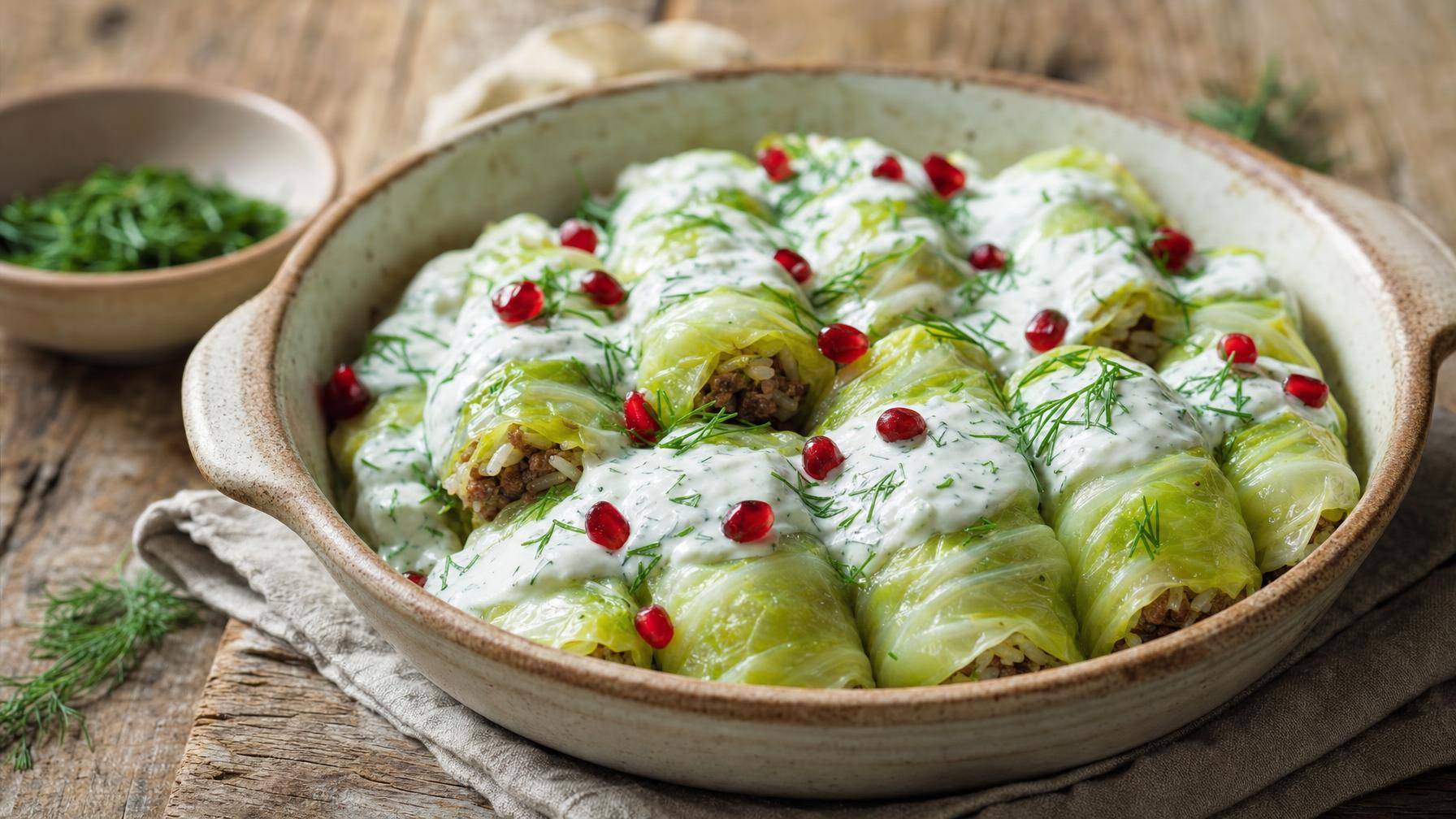 Witte kool-rolletjes met kruidige vulling en yoghurt-dillesaus (AI-gegenereerde afbeelding)