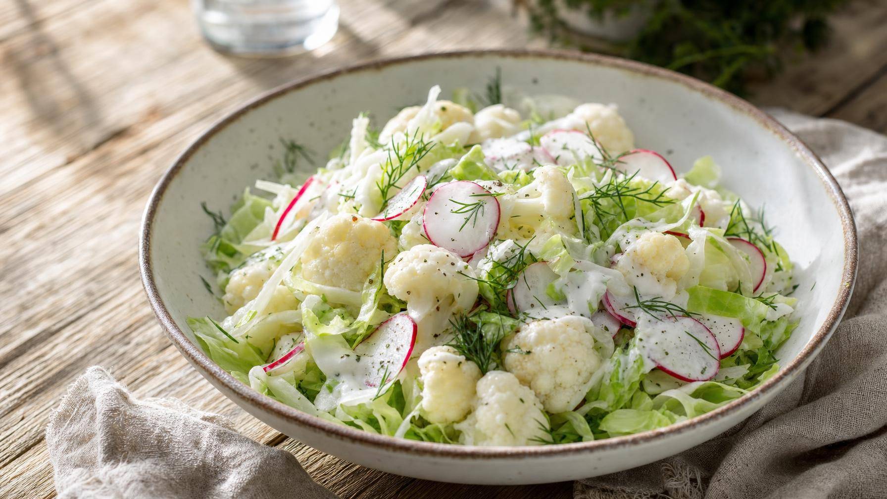 Knapperige salade met bloemkool, ijsbergsla en radijs (AI-gegenereerde afbeelding)