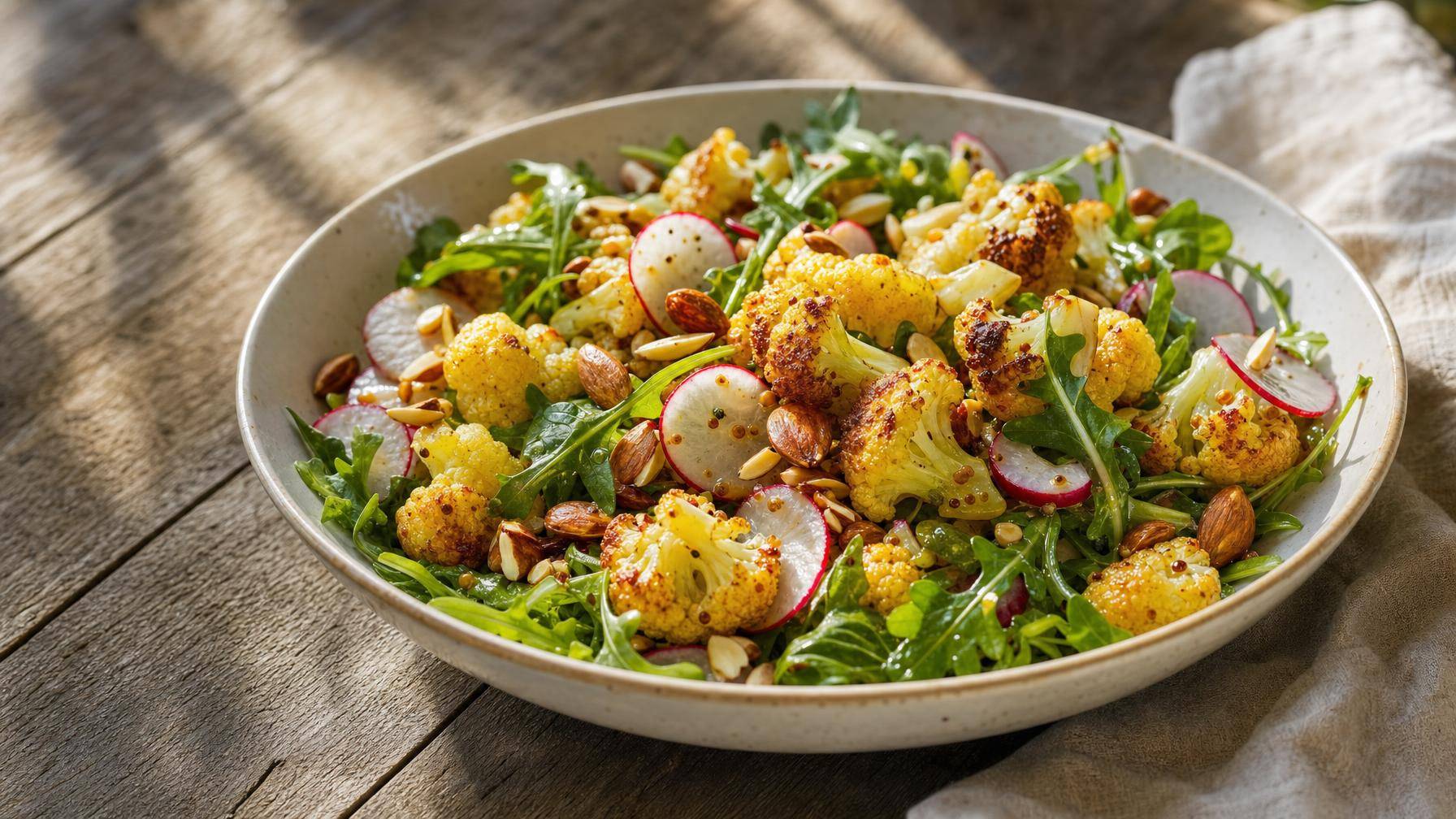 Lauwwarme bloemkoolsalade met rucola en radijs (AI-gegenereerde afbeelding)