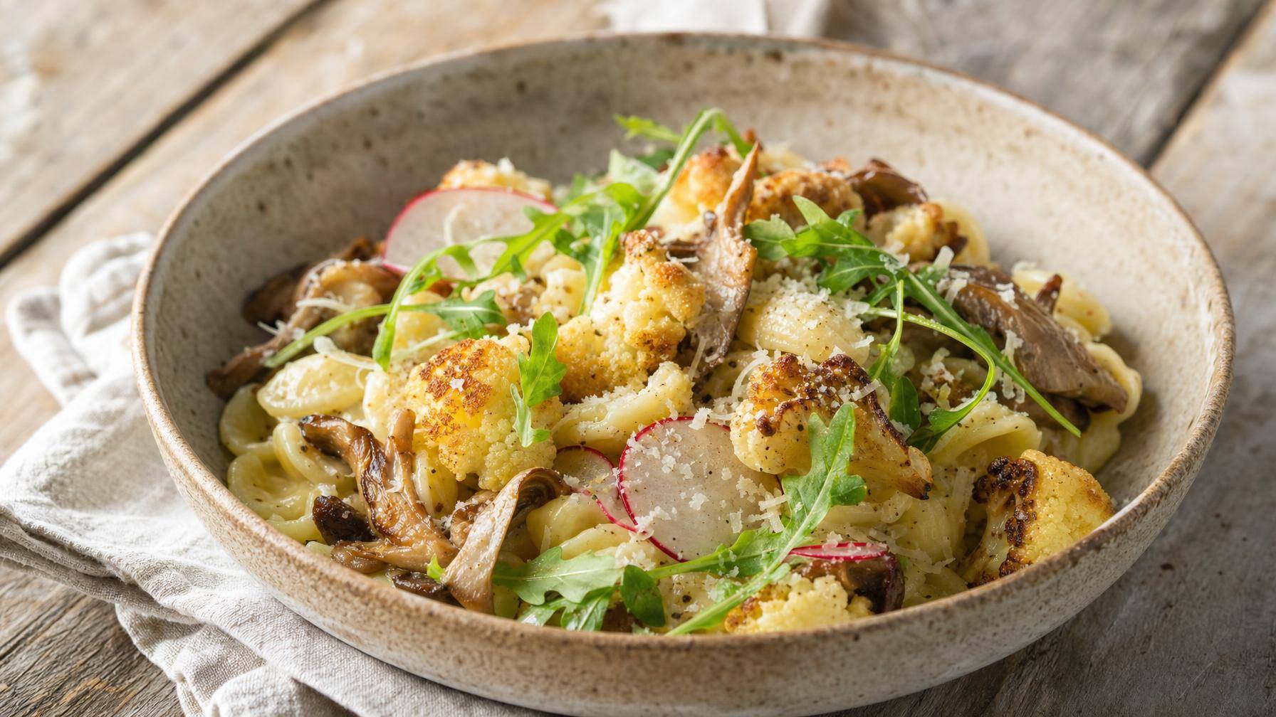 Pasta met bloemkool, oesterzwammen en rucola (AI-gegenereerde afbeelding)