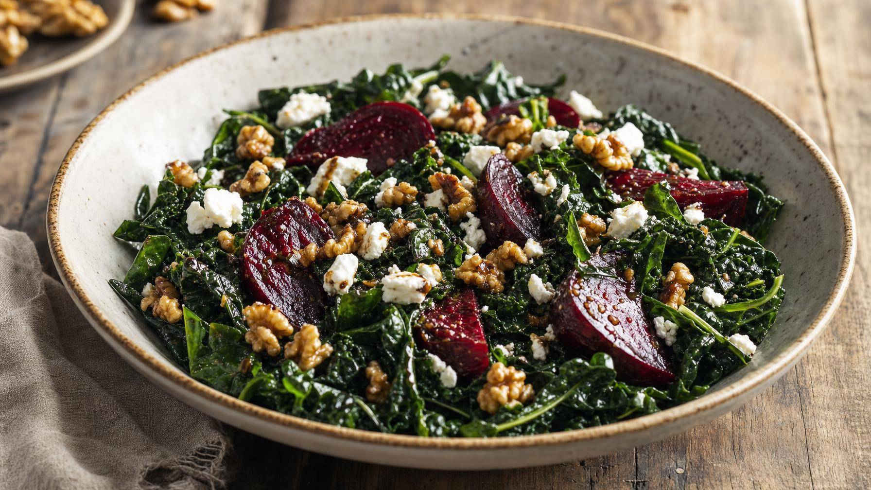 Lauwwarme salade van palmkool en geroosterde bietjes (AI-gegenereerde afbeelding)