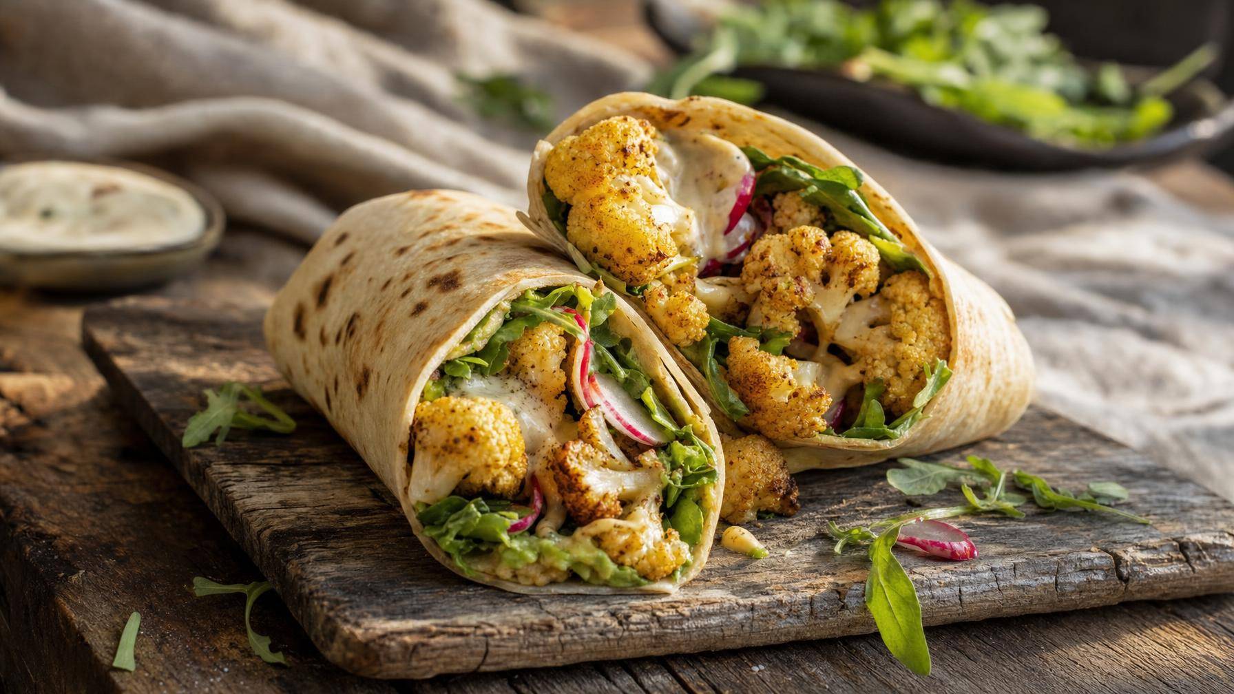 Bloemkoolwraps met rucola en radijs (AI-gegenereerde afbeelding)
