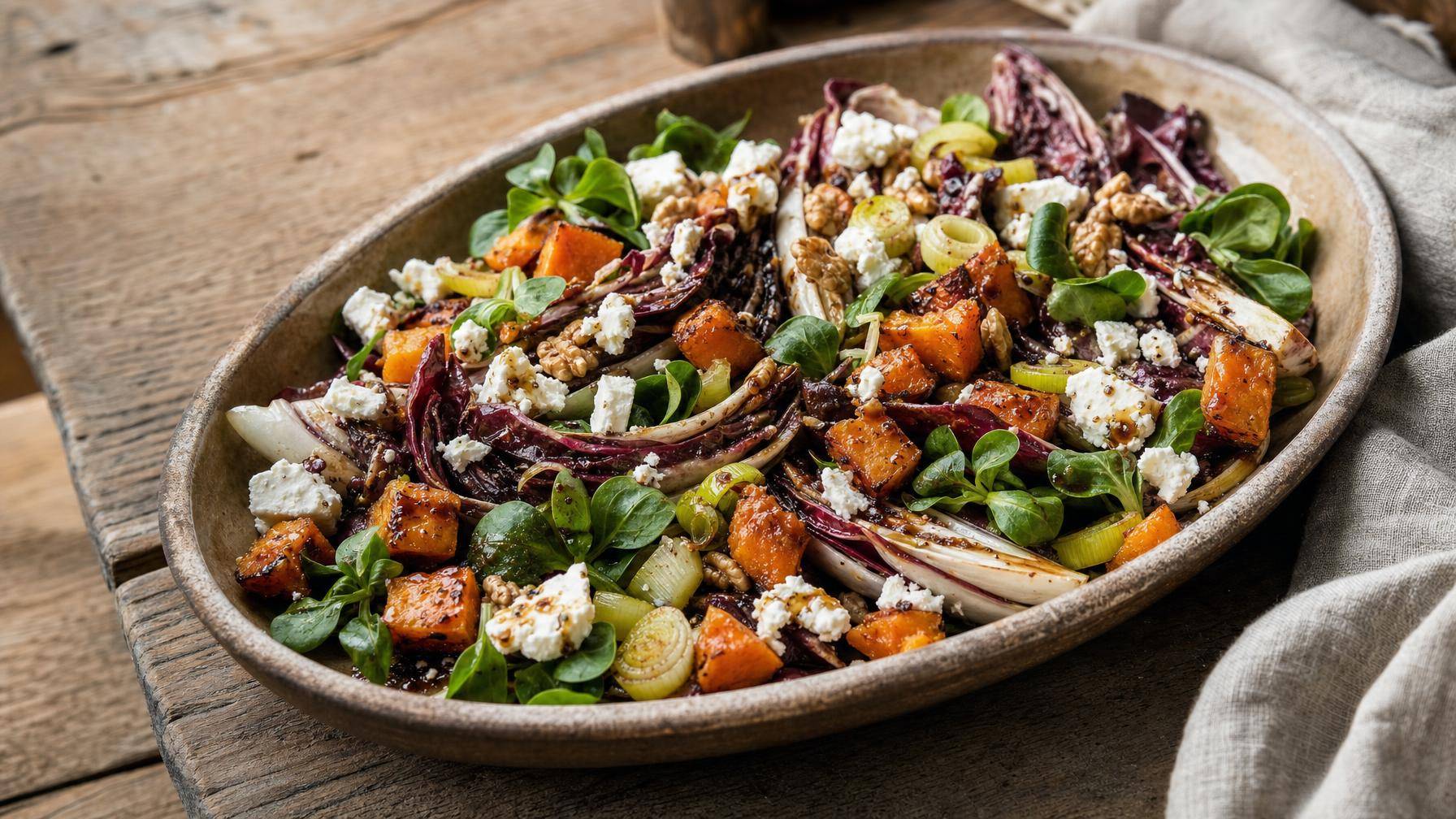 Warme salade van geroosterde radicchio, prei en zoete aardappel (AI-gegenereerde afbeelding)