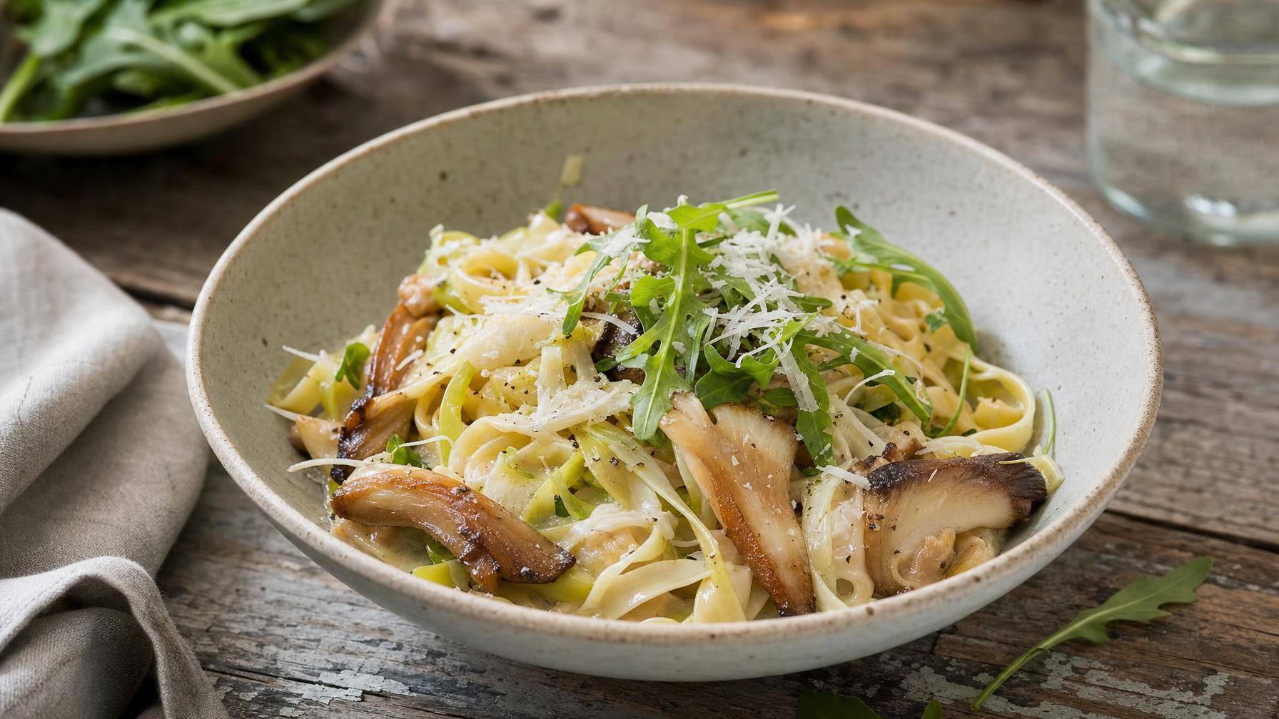 Pasta met oesterzwammen, witte kool, prei en rucola (AI-gegenereerde afbeelding)