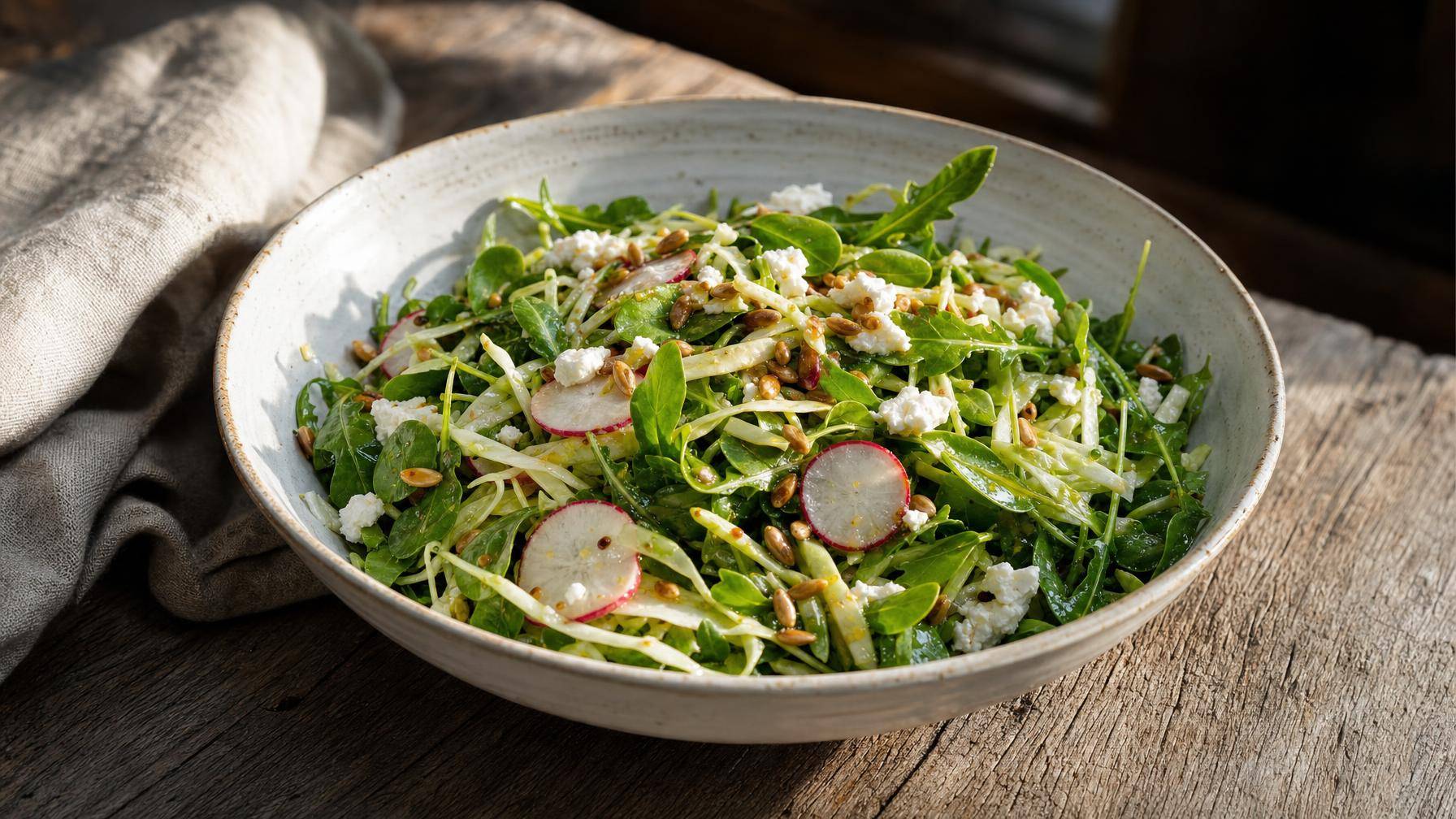 Winterse salade met rucola, postelein, radijs en spitskool (AI-gegenereerde afbeelding)