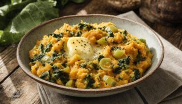 Zoete aardappelstamppot met raapstelen en prei
