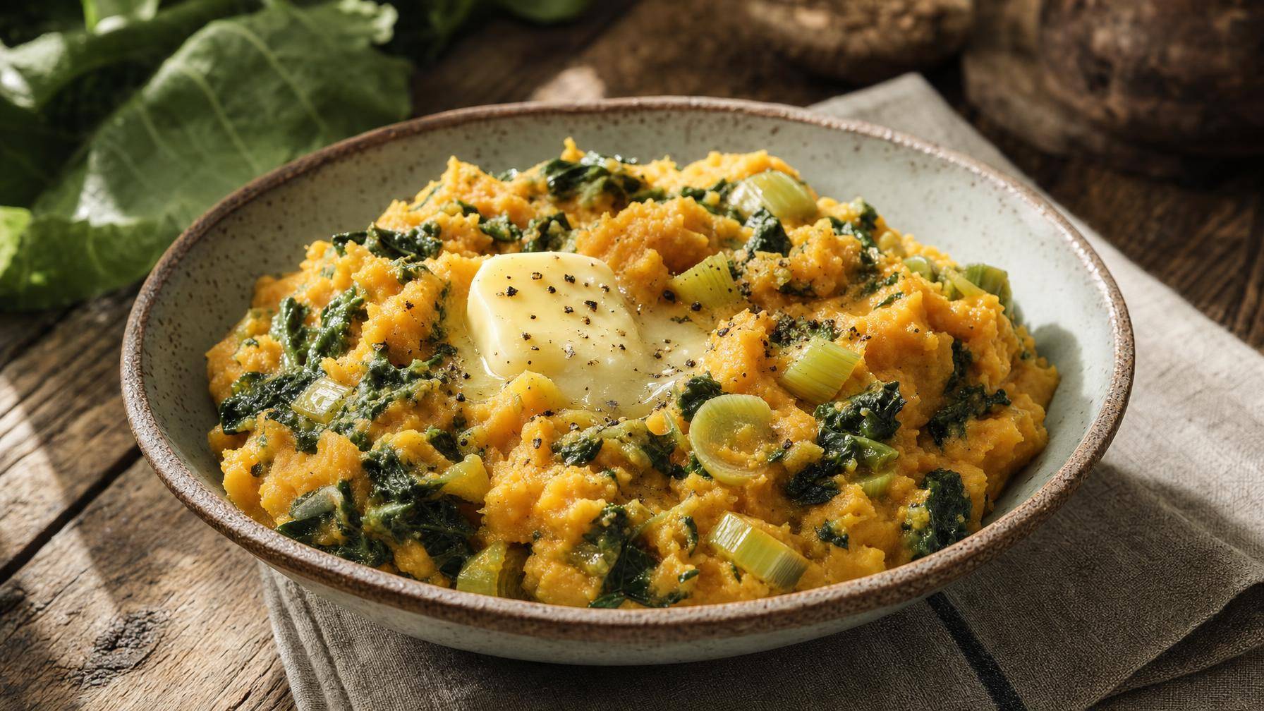 Zoete aardappelstamppot met raapstelen en prei (AI-gegenereerde afbeelding)
