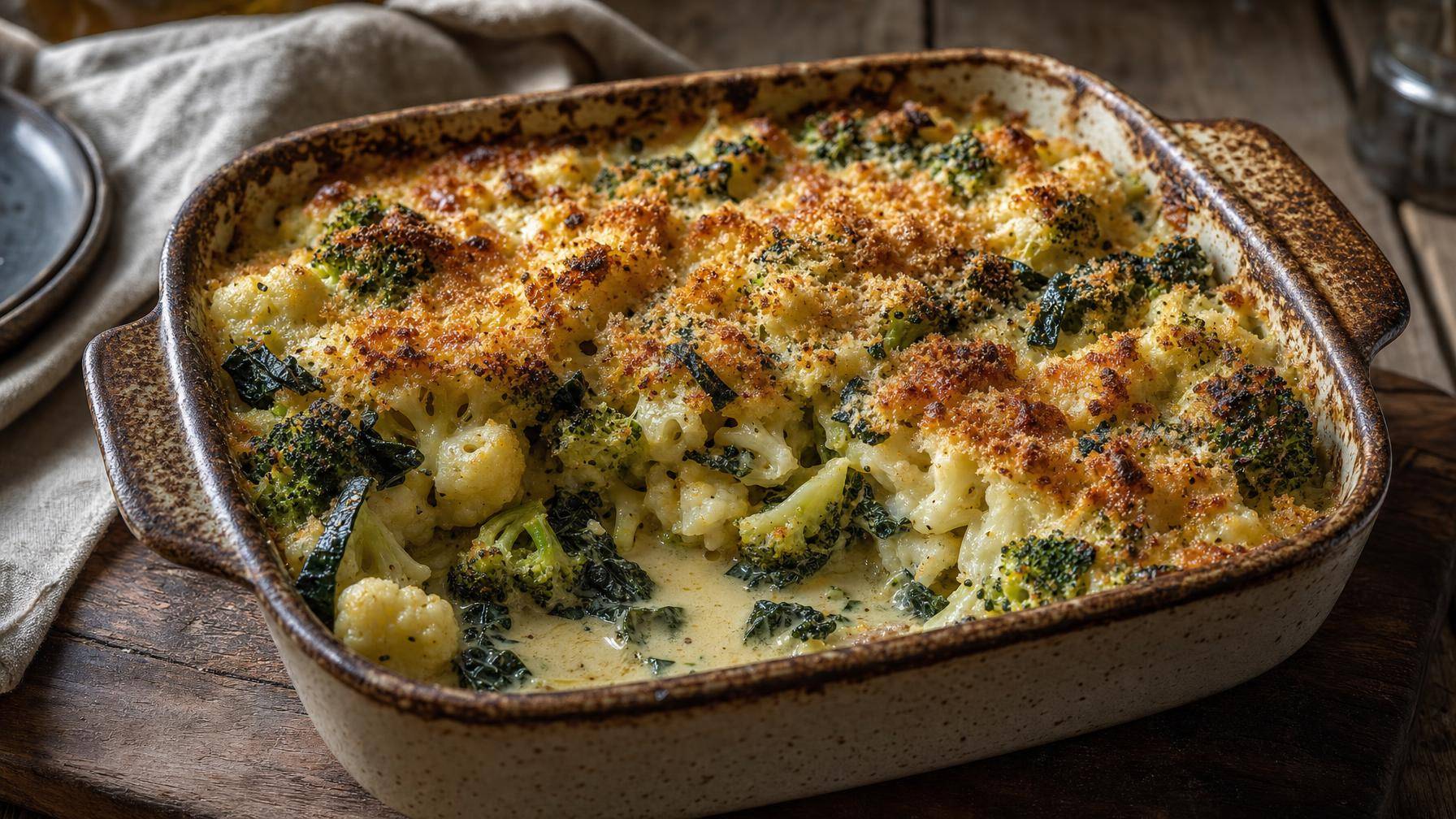 Broccoli-bloemkool ovenschotel met palmkool (AI-gegenereerde afbeelding)