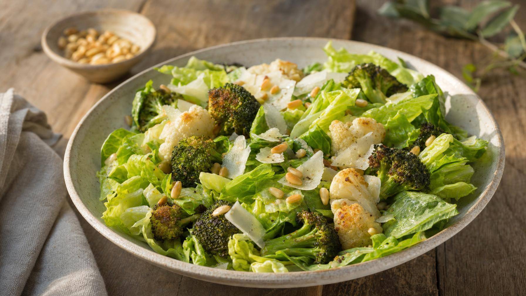Bindsla met geroosterde broccoli en bloemkool (AI-gegenereerde afbeelding)