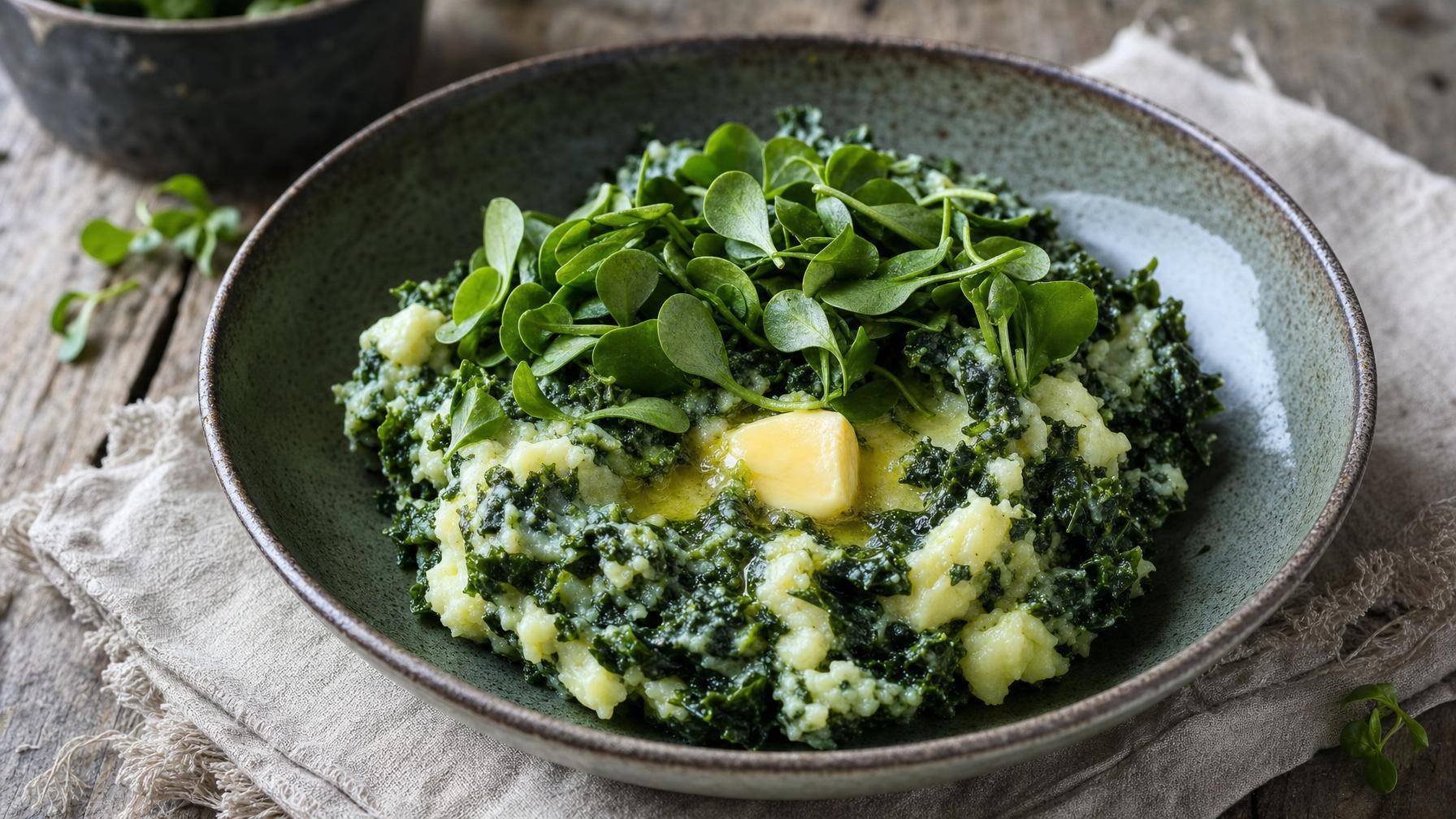 Warme stamppot boerenkool met winterpostelein-topping