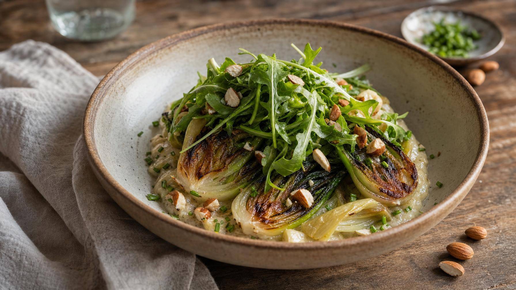 Warm-groene bowl met geroosterde mini paksoi en romige andijvie (AI-gegenereerde afbeelding)