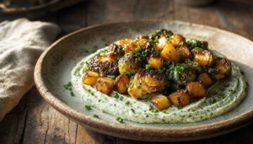 Geroosterde spruiten met miso-honing en krokante aardappels