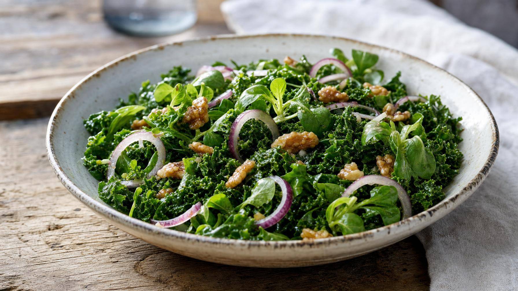 Winterse boerenkool-veldsla salade met warme knoflookdressing (AI-gegenereerde afbeelding)