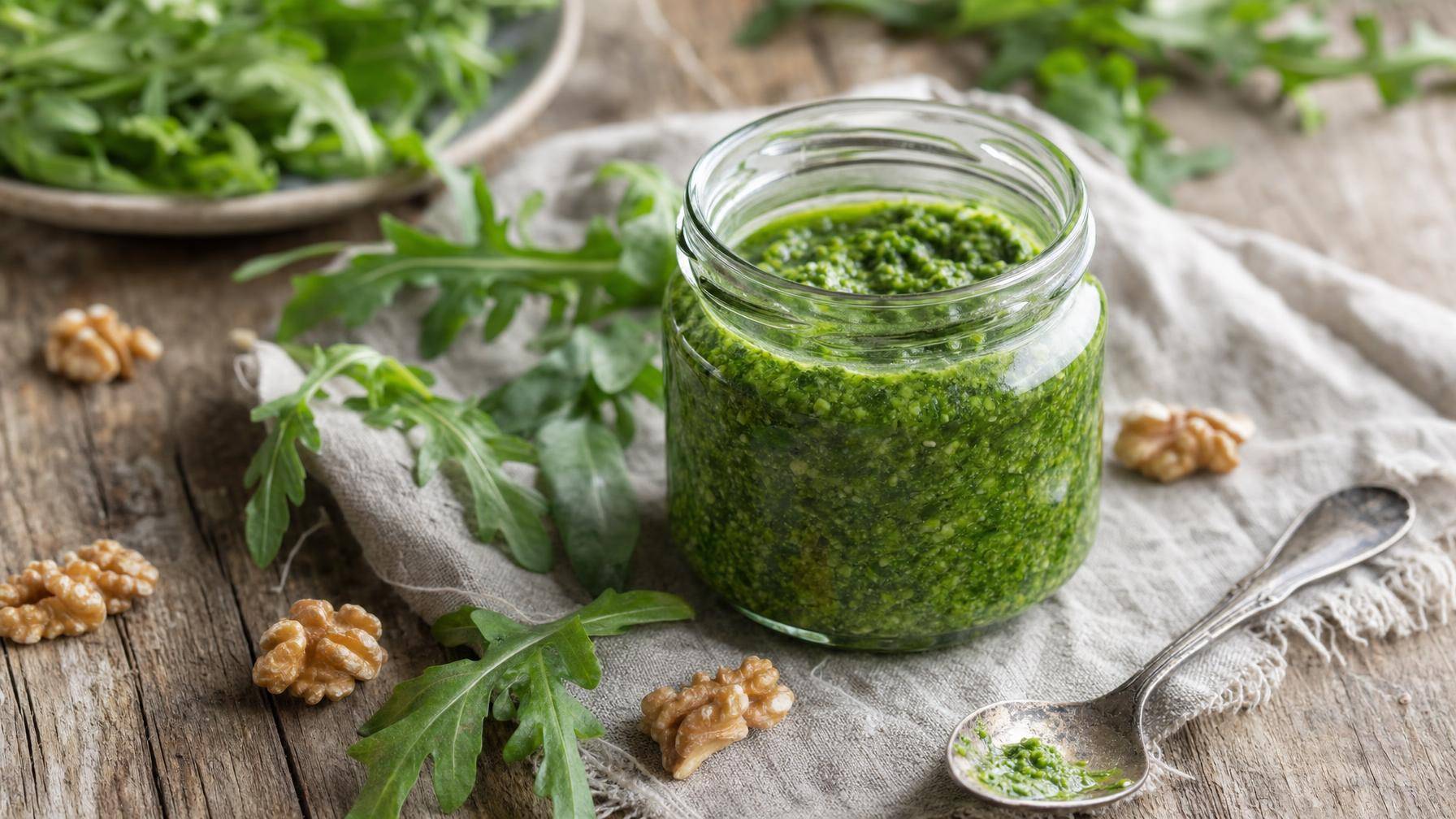 Rucola pesto met walnoten (AI-gegenereerde afbeelding)