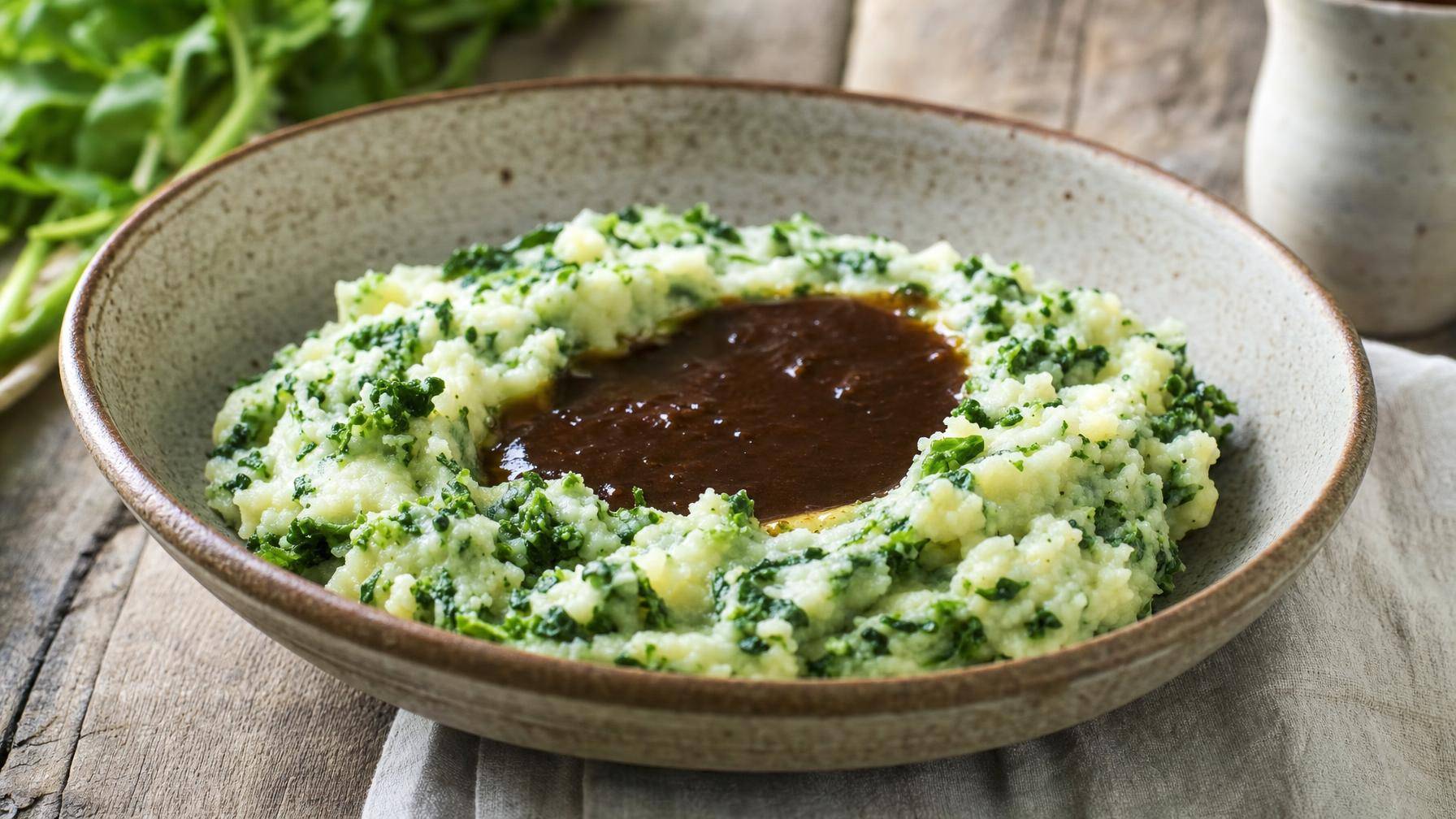Plantaardige stamppot van raapsteeltjes met jus