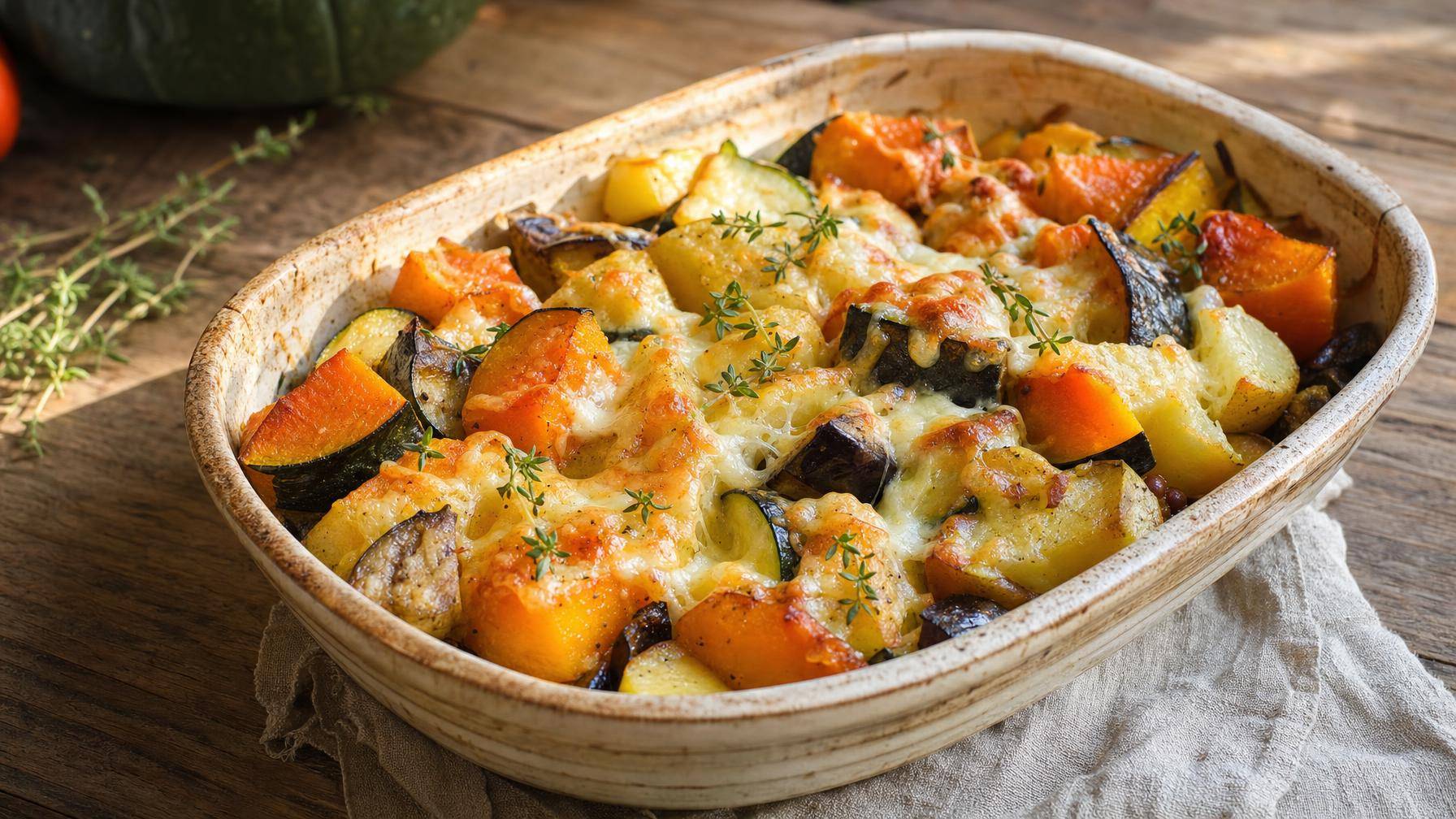 Ovenschotel met pompoen, aardappel, courgette en aubergine (AI-gegenereerde afbeelding)