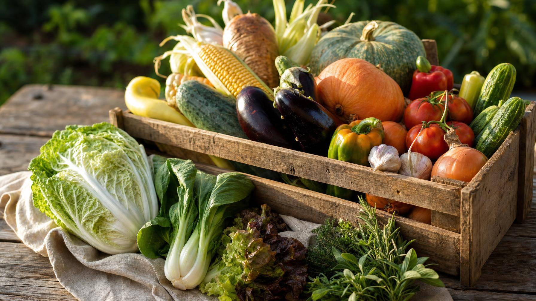 De oogst van zaterdag 12 september met pompoen, courgette, aubergine, tomaat, paprika en Chinese kool (AI-gegenereerde afbeelding)