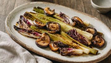 Geroosterde prei met krokante shiitake en radicchio