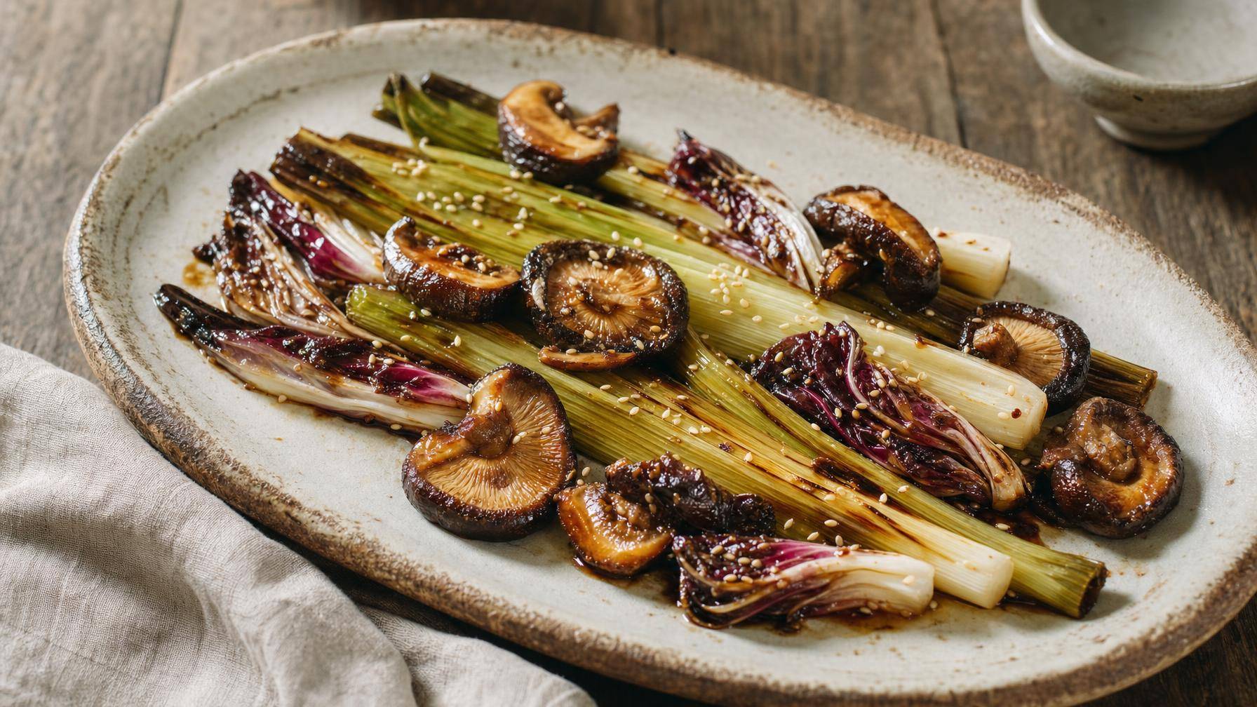 Geroosterde prei met krokante shiitake en radicchio (AI-gegenereerde afbeelding)