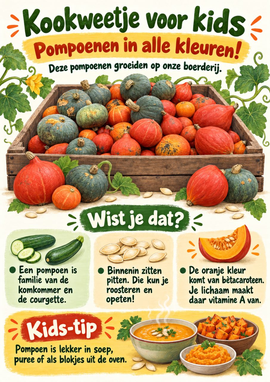 Praatplaat met pompoen voor kids: een kist vol pompoenen in alle kleuren, weetjes over de pitten en bètacaroteen en een kids-tip (AI-gegenereerde afbeelding)