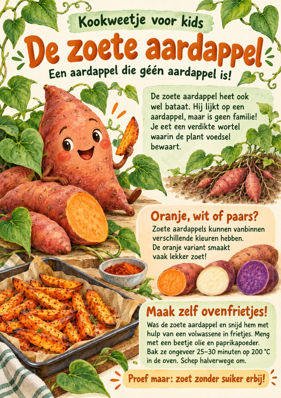 Praatplaat over de zoete aardappel voor kids met de bataat als verdikte wortel, de oranje, witte en paarse soorten en zelfgemaakte ovenfrietjes (AI-gegenereerde afbeelding)