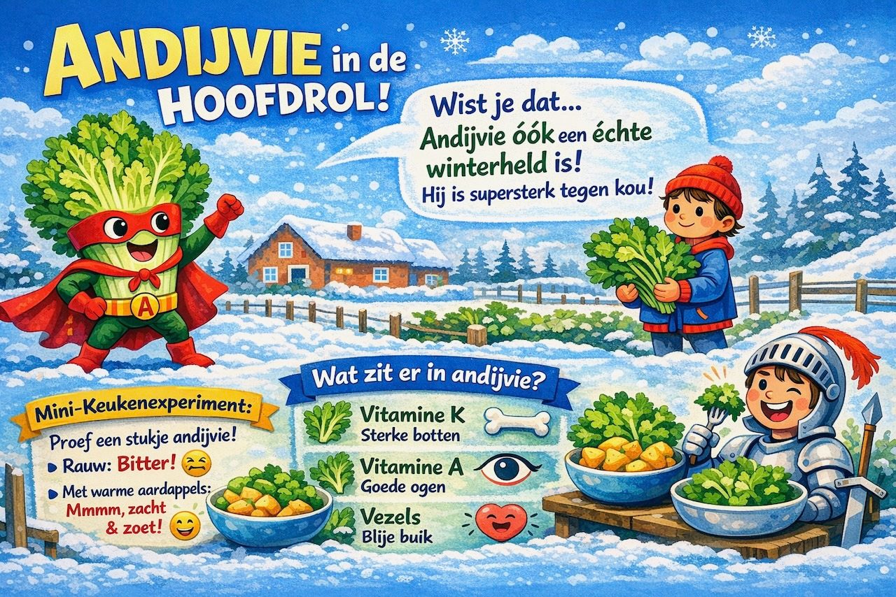Praatplaat andijvie voor kids met een andijvie als superheld in een besneeuwd landschap en weetjes over vitamines (AI-gegenereerde afbeelding)