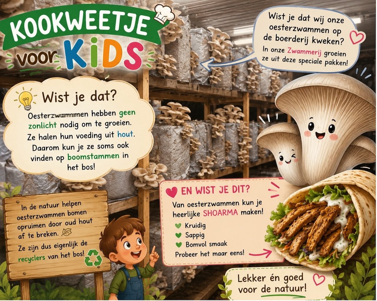 Praatplaat oesterzwammen voor kids met zwammen in de kwekerij en weetjes over groeien op hout en shoarma maken (AI-gegenereerde afbeelding)