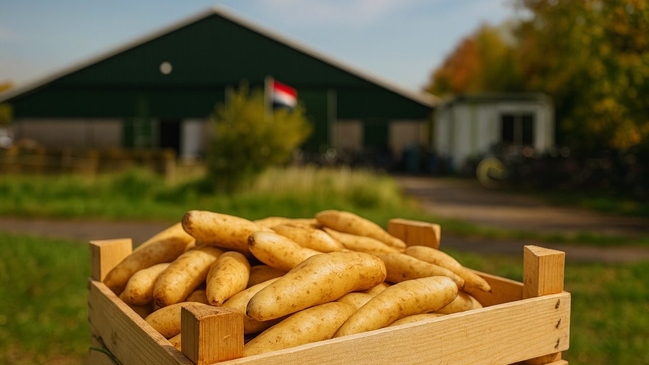 Wat is yacon: een houten kist met yaconknollen voor de schuur van de boerderij (AI-gegenereerde afbeelding)