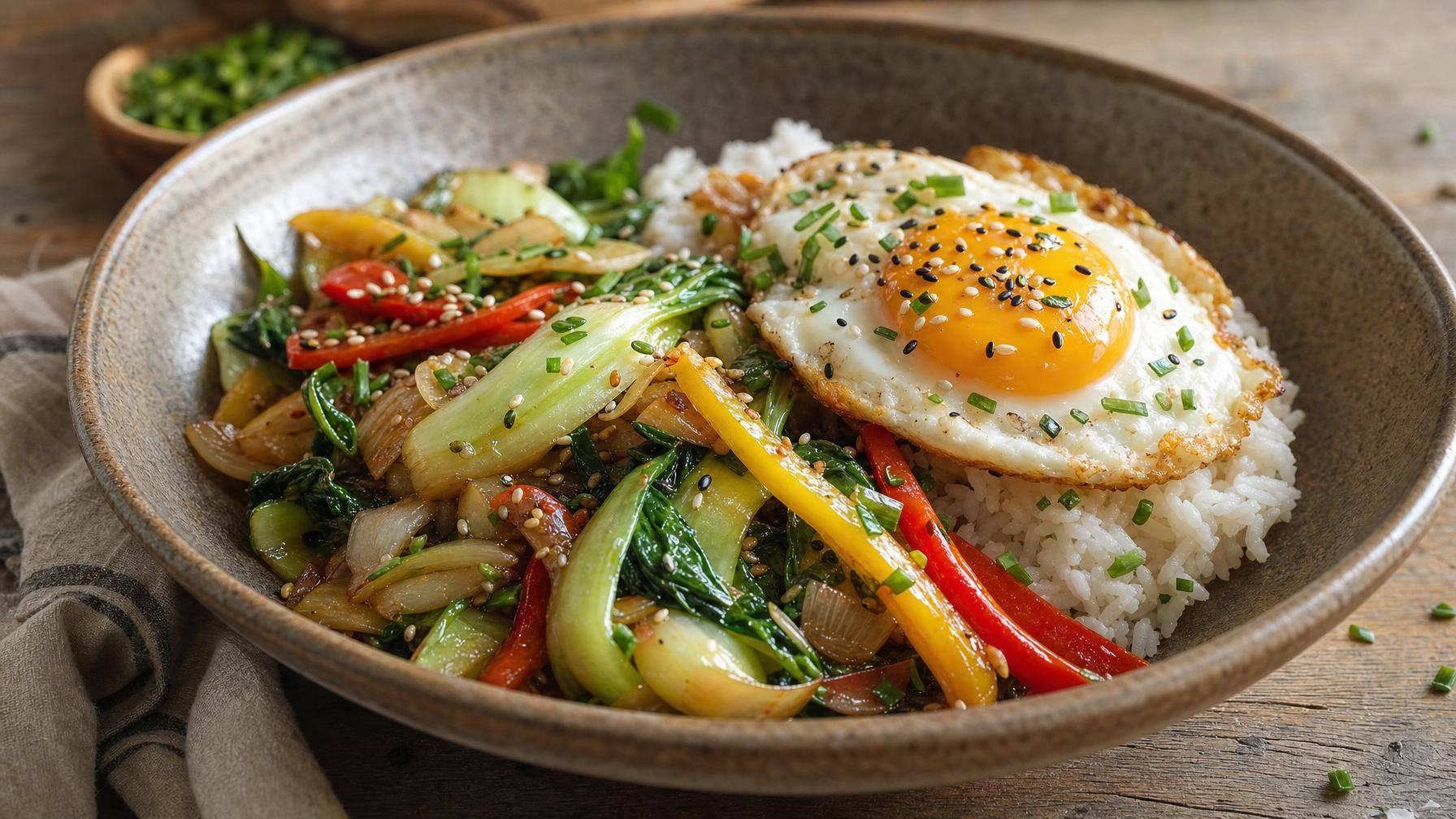 Roergebakken paksoi met paprika en knoflook