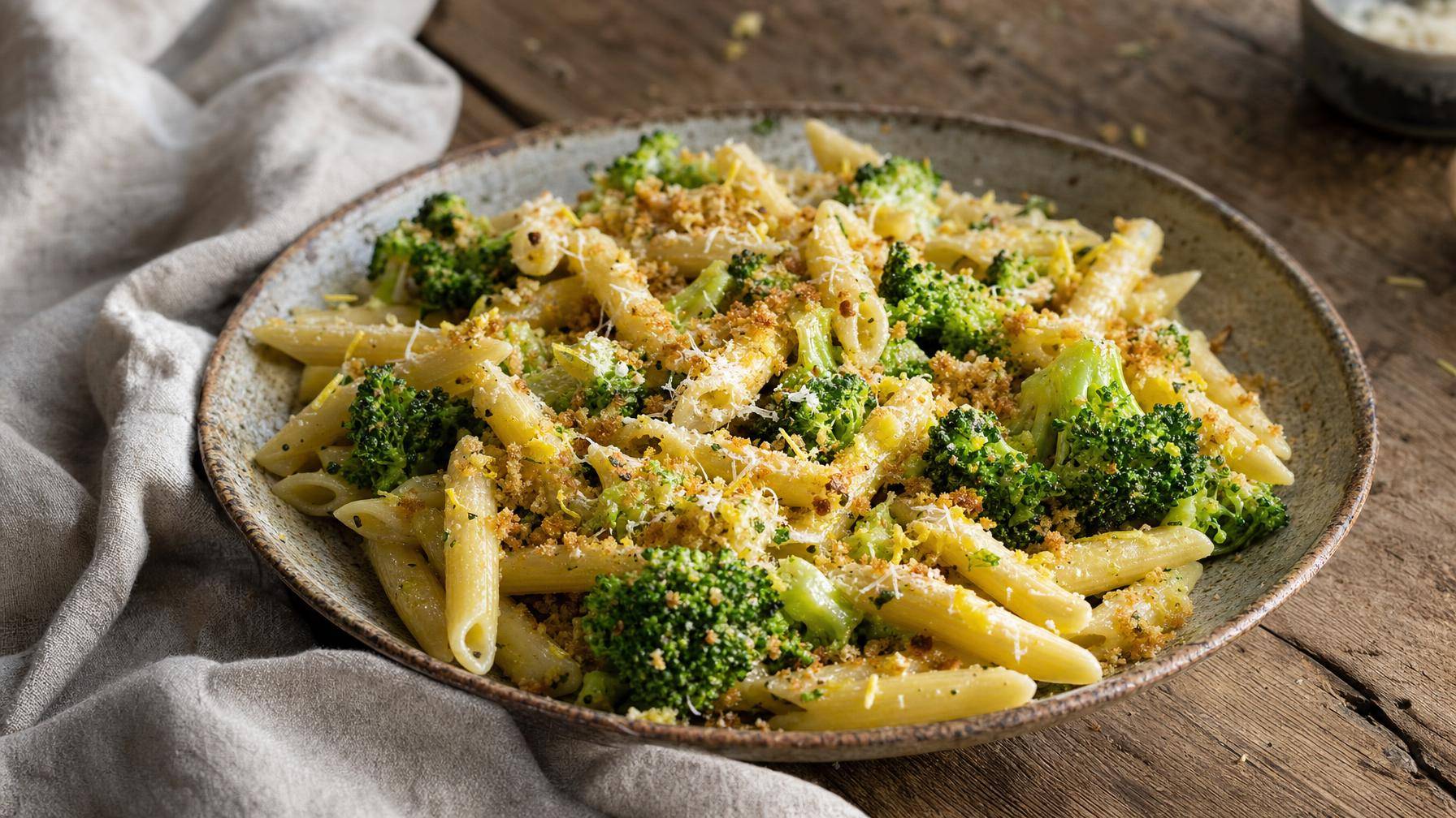 Pasta met broccoli, citroen en krokant kruidenkruim