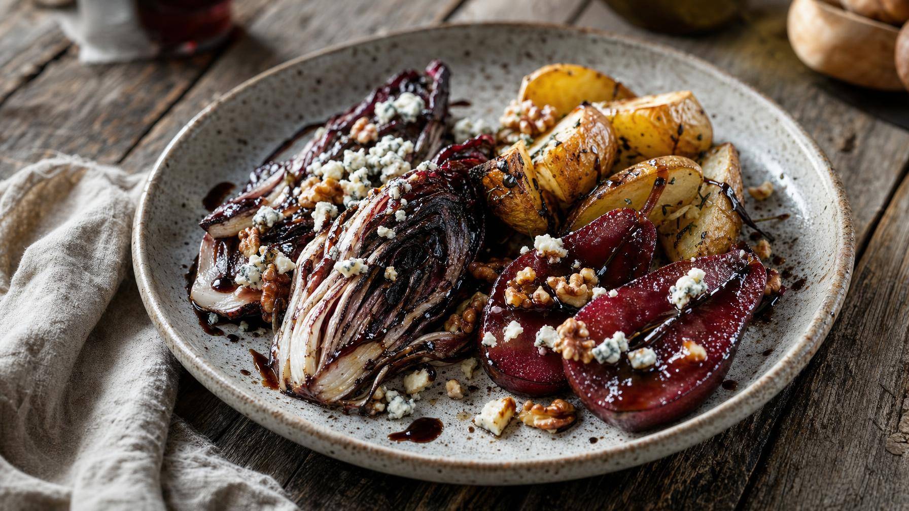 Gebakken radicchio met stoofpeer, walnoten en geroosterde aardappels