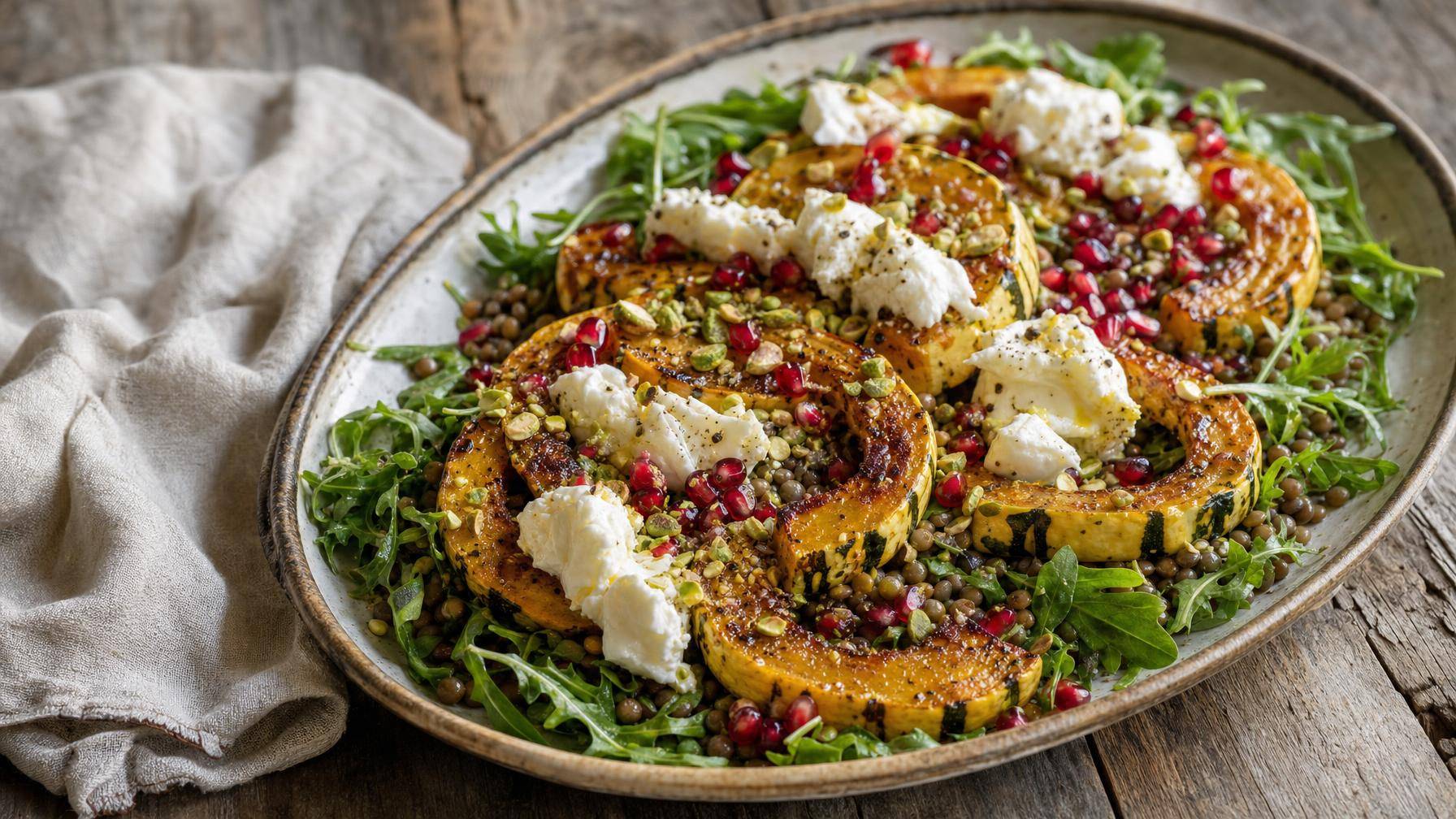 Geroosterde Bush Delicata met burrata en granaatappel